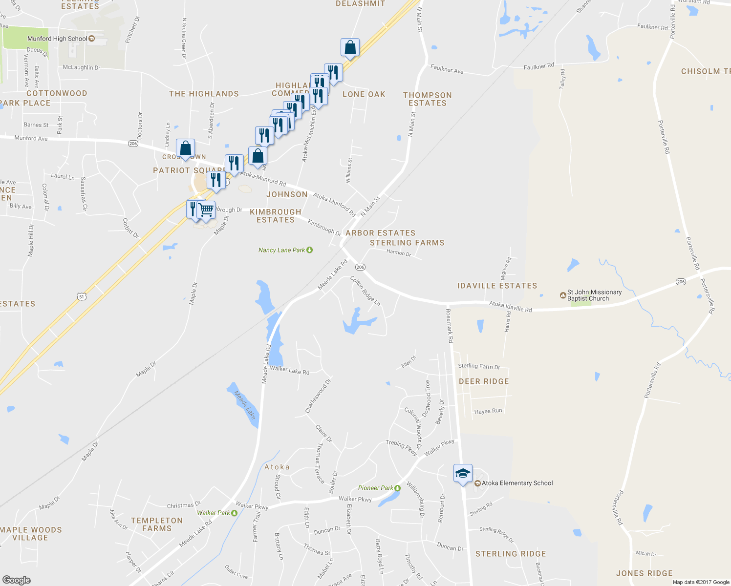 map of restaurants, bars, coffee shops, grocery stores, and more near Colton Ridge Lane in Atoka