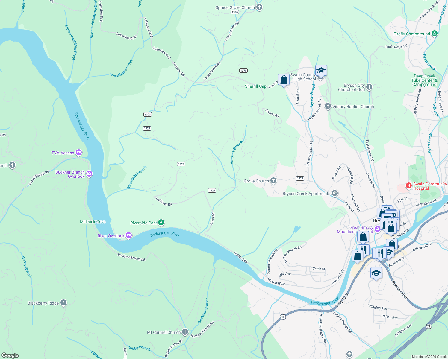 map of restaurants, bars, coffee shops, grocery stores, and more near 1091 Franklin Grove Road in Bryson City