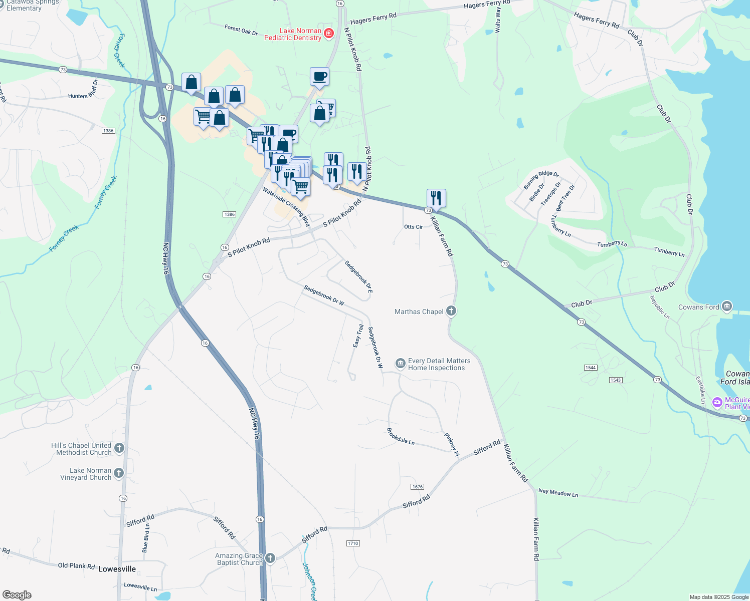 map of restaurants, bars, coffee shops, grocery stores, and more near 7721 Sedgebrook Drive East in Stanley