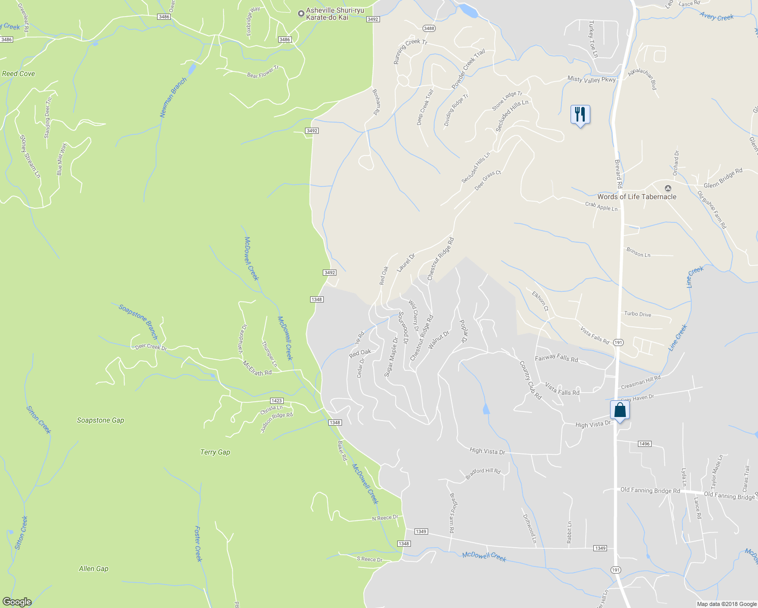 map of restaurants, bars, coffee shops, grocery stores, and more near 58 Sourwood Dr in Mills River
