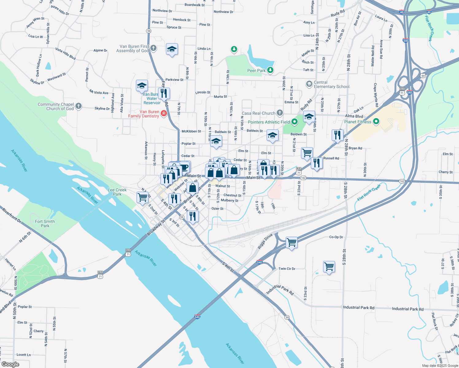 map of restaurants, bars, coffee shops, grocery stores, and more near 1307 Walnut Street in Van Buren