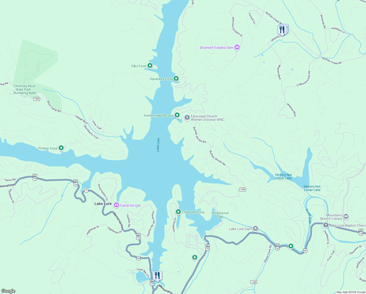 map of restaurants, bars, coffee shops, grocery stores, and more near 211 Deerwood Drive in Lake Lure