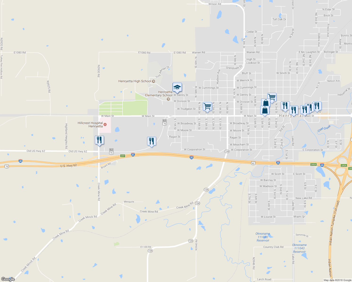 map of restaurants, bars, coffee shops, grocery stores, and more near 410 South 17th Street in Henryetta