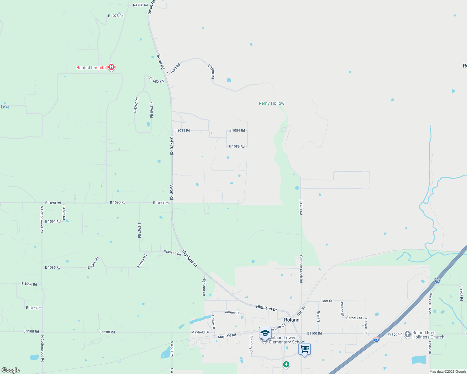 map of restaurants, bars, coffee shops, grocery stores, and more near 207 South Roland Road in Roland
