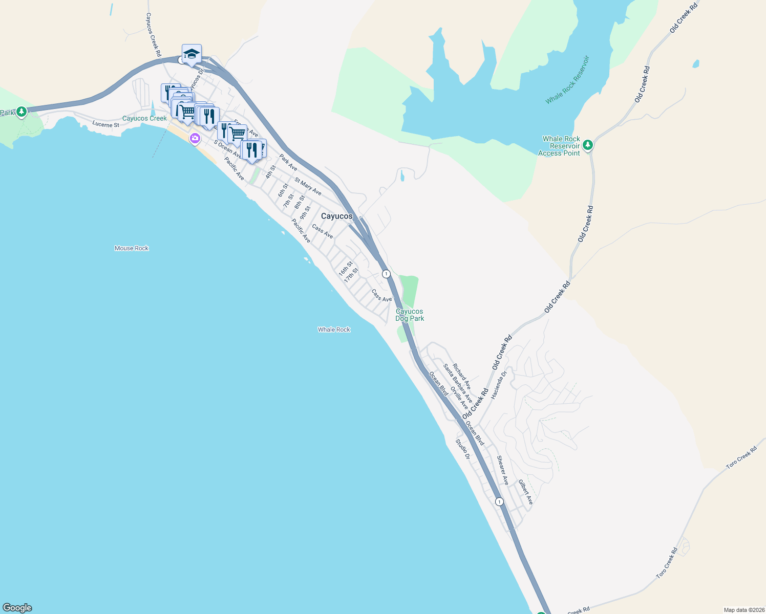 map of restaurants, bars, coffee shops, grocery stores, and more near 33 23rd Street in Cayucos