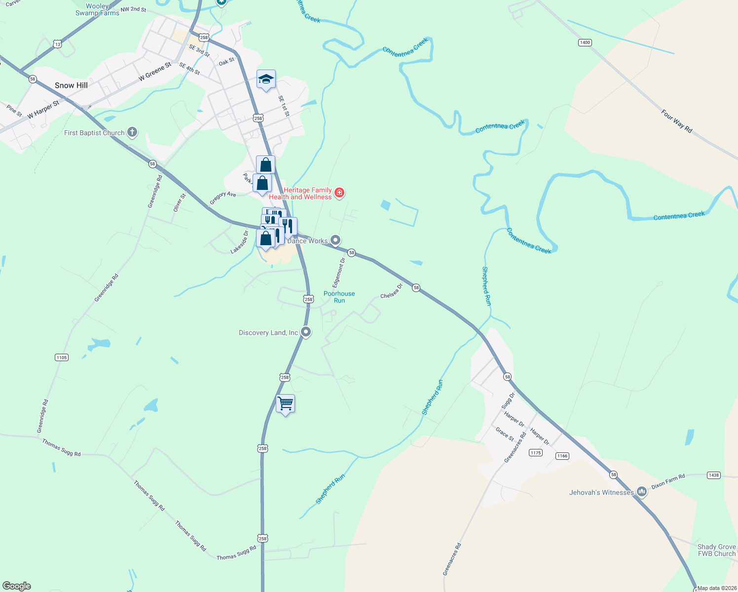 map of restaurants, bars, coffee shops, grocery stores, and more near Connie Circle in Snow Hill