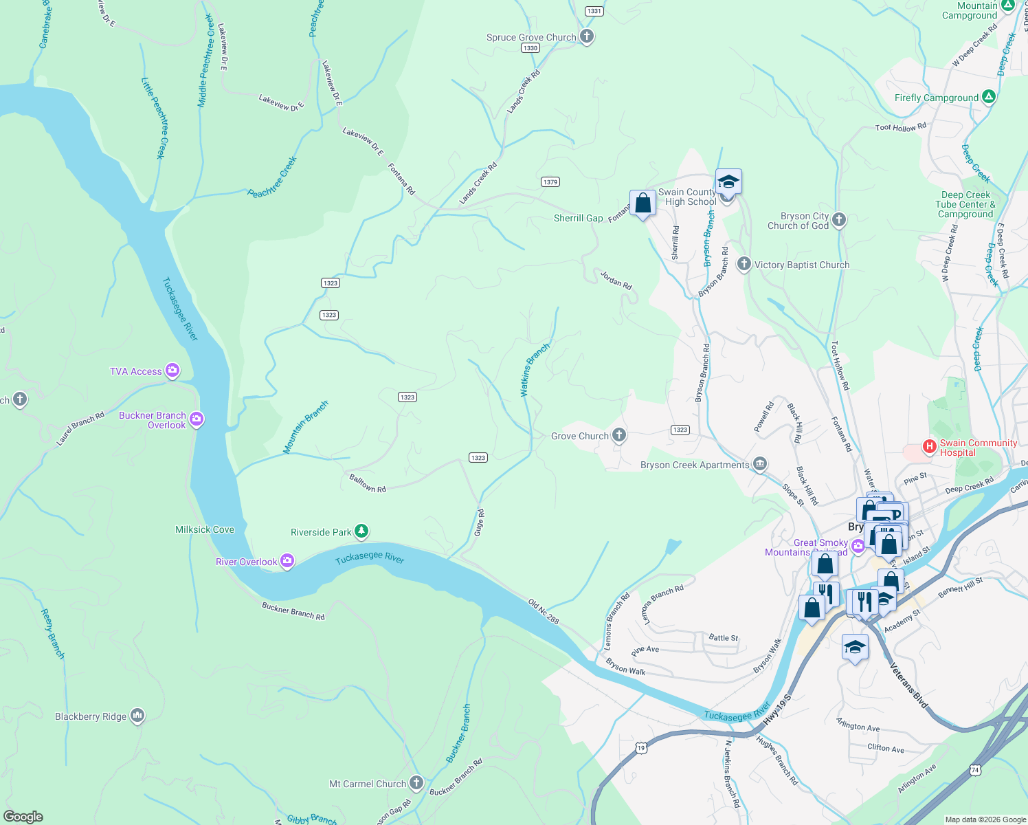 map of restaurants, bars, coffee shops, grocery stores, and more near 1091 Franklin Grove Road in Bryson City