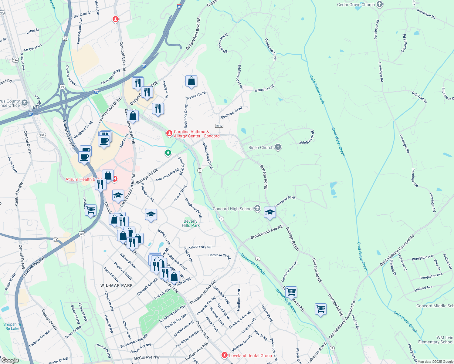 map of restaurants, bars, coffee shops, grocery stores, and more near 348 Northgate Boulevard Northeast in Concord