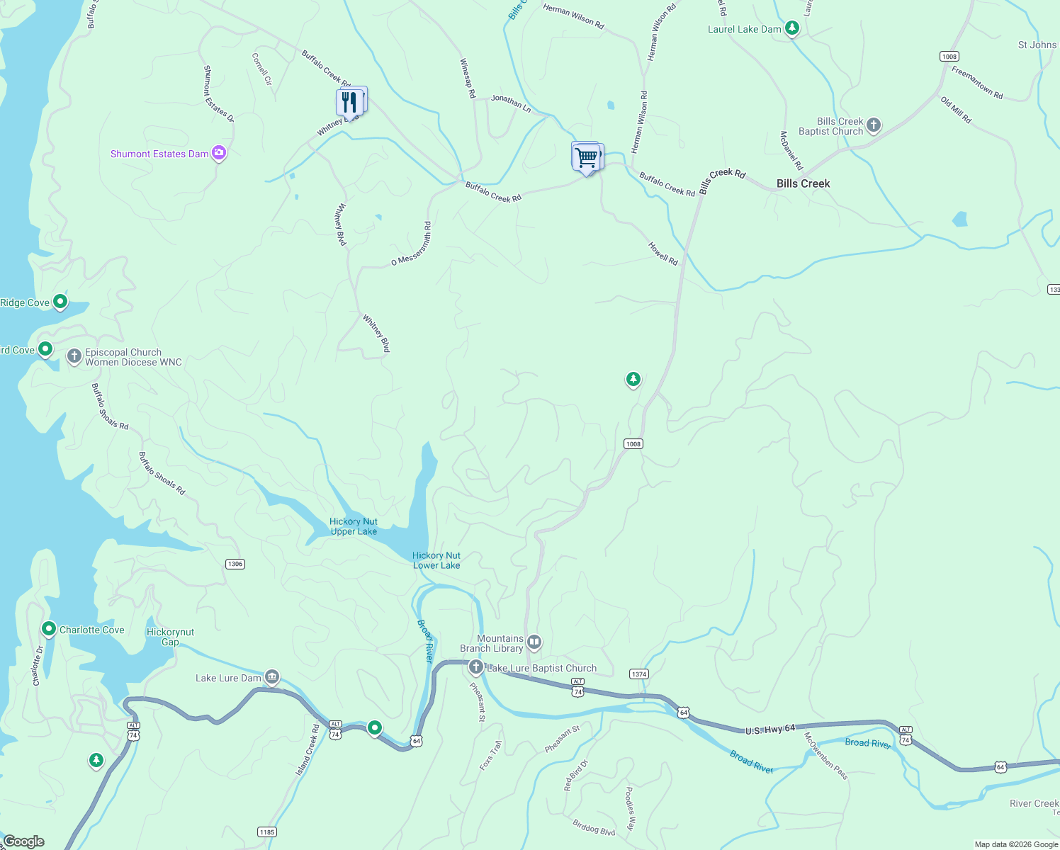 map of restaurants, bars, coffee shops, grocery stores, and more near 119 Amy Ridge Road in Lake Lure