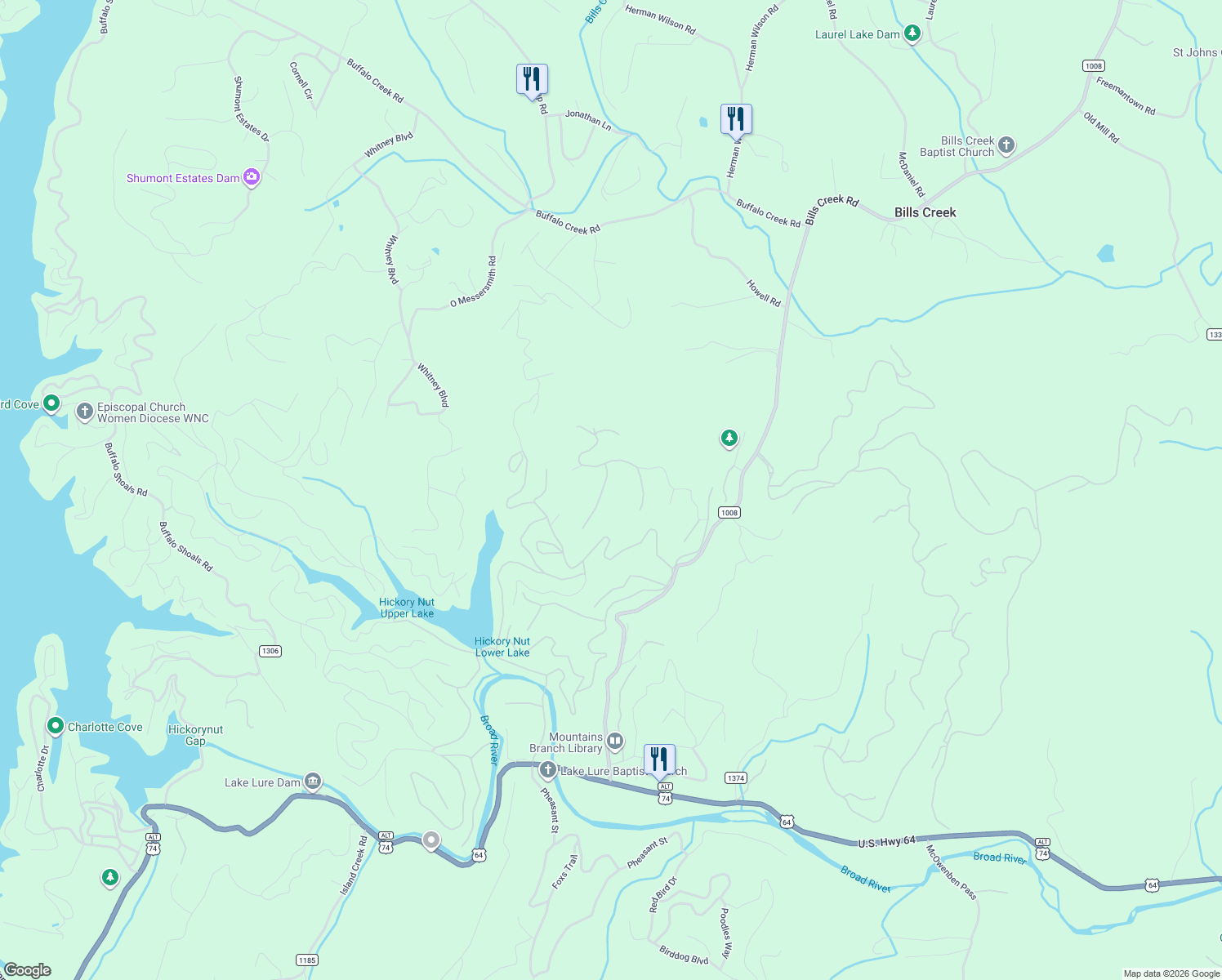 map of restaurants, bars, coffee shops, grocery stores, and more near 119 Amy Ridge Road in Lake Lure