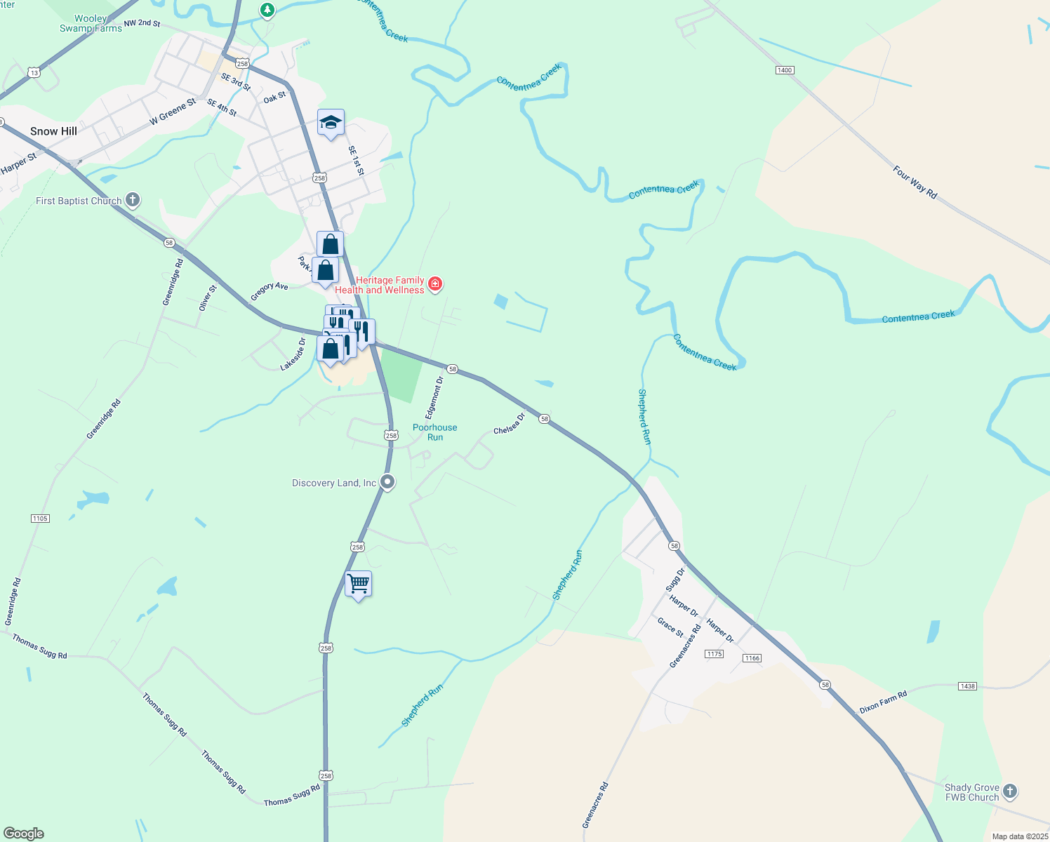map of restaurants, bars, coffee shops, grocery stores, and more near 103 Chelsea Drive in Snow Hill