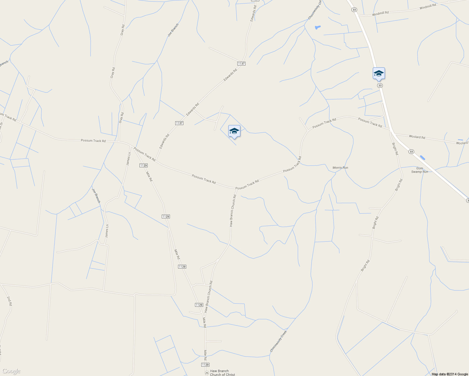 map of restaurants, bars, coffee shops, grocery stores, and more near 3103 Possum Track Road in Chocowinity