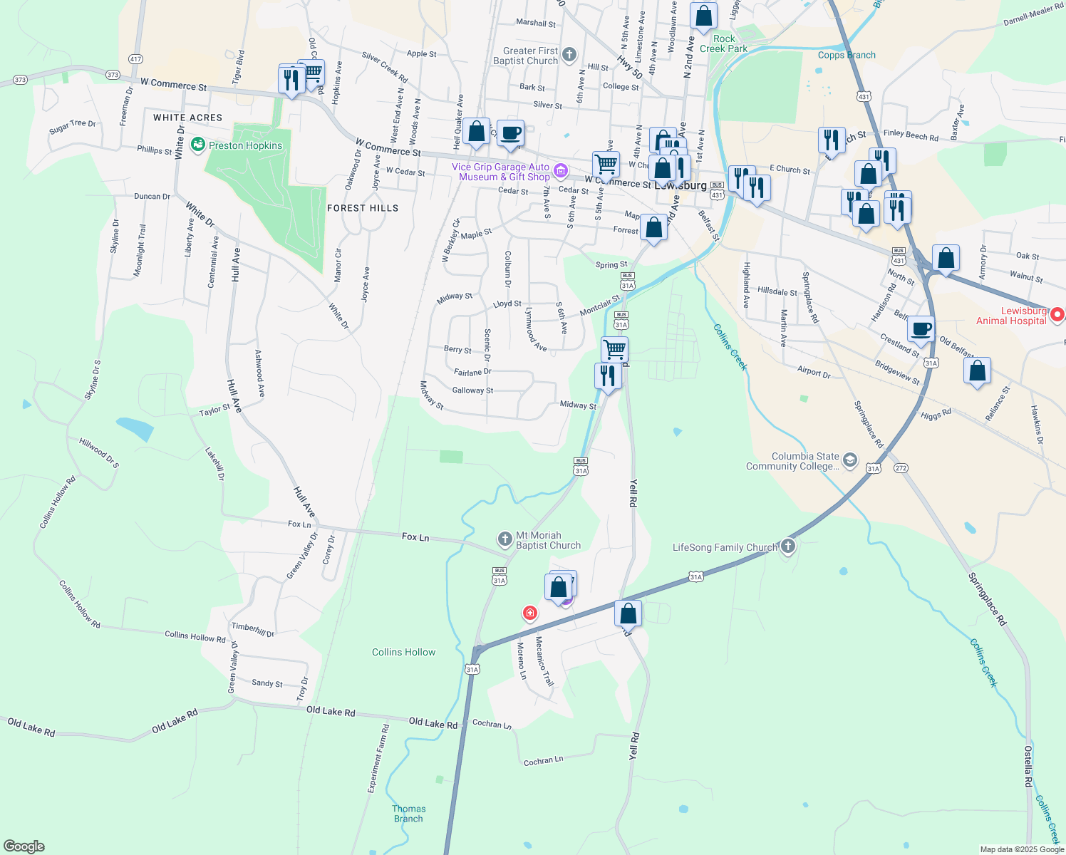map of restaurants, bars, coffee shops, grocery stores, and more near 825 Midway St in Lewisburg