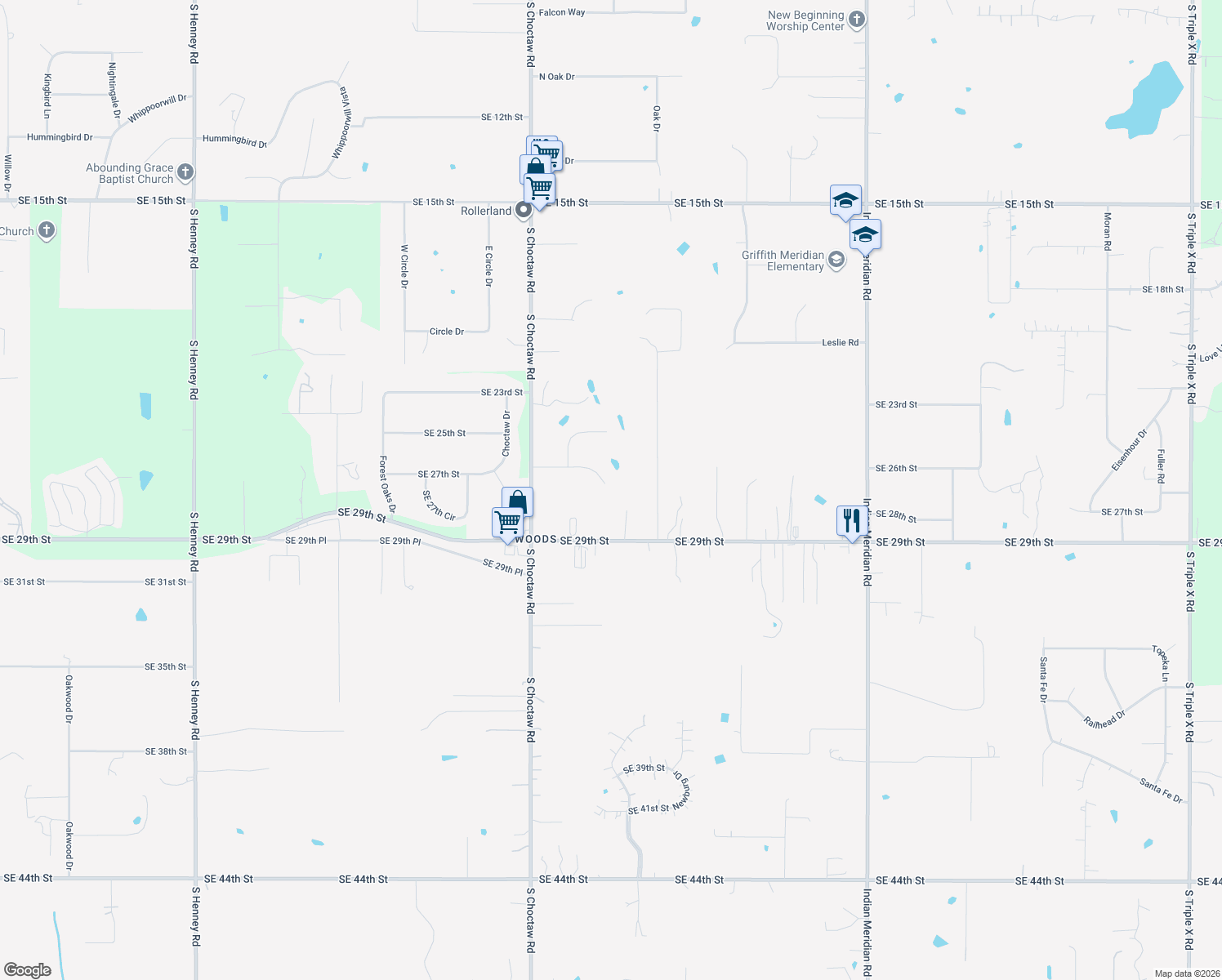 map of restaurants, bars, coffee shops, grocery stores, and more near 15210 Scottsdale Lane in Choctaw