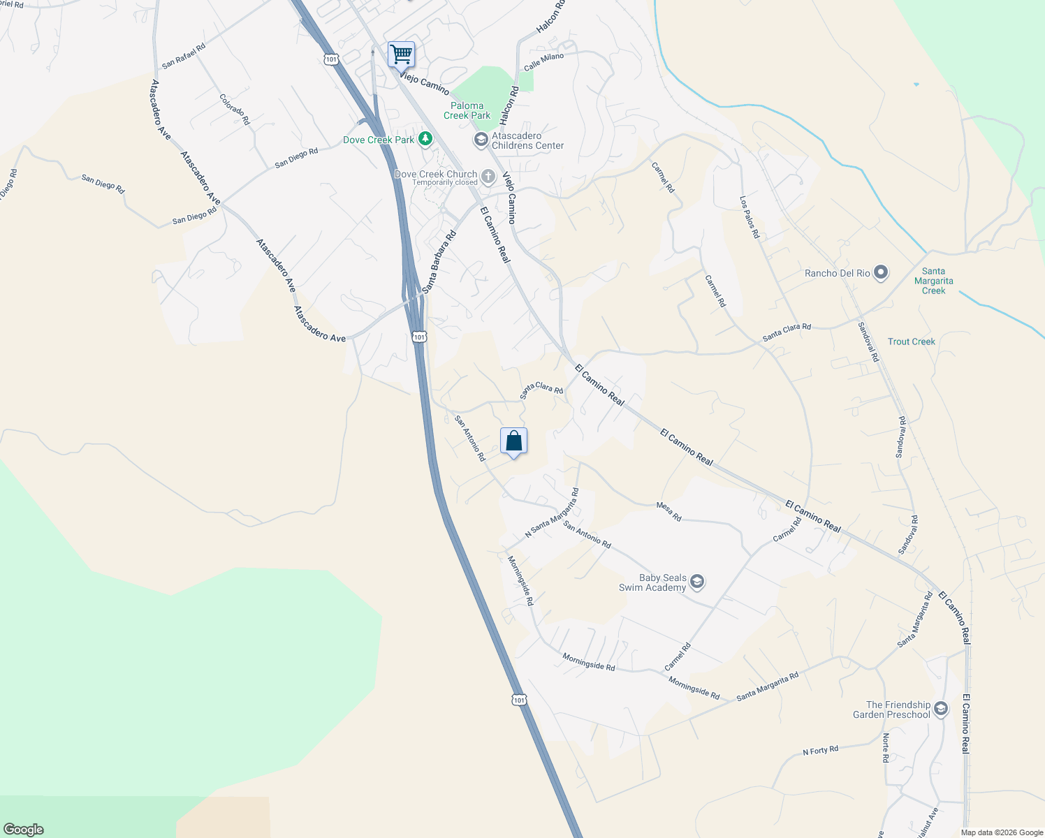 map of restaurants, bars, coffee shops, grocery stores, and more near 9340 Santa Clara Road in Atascadero