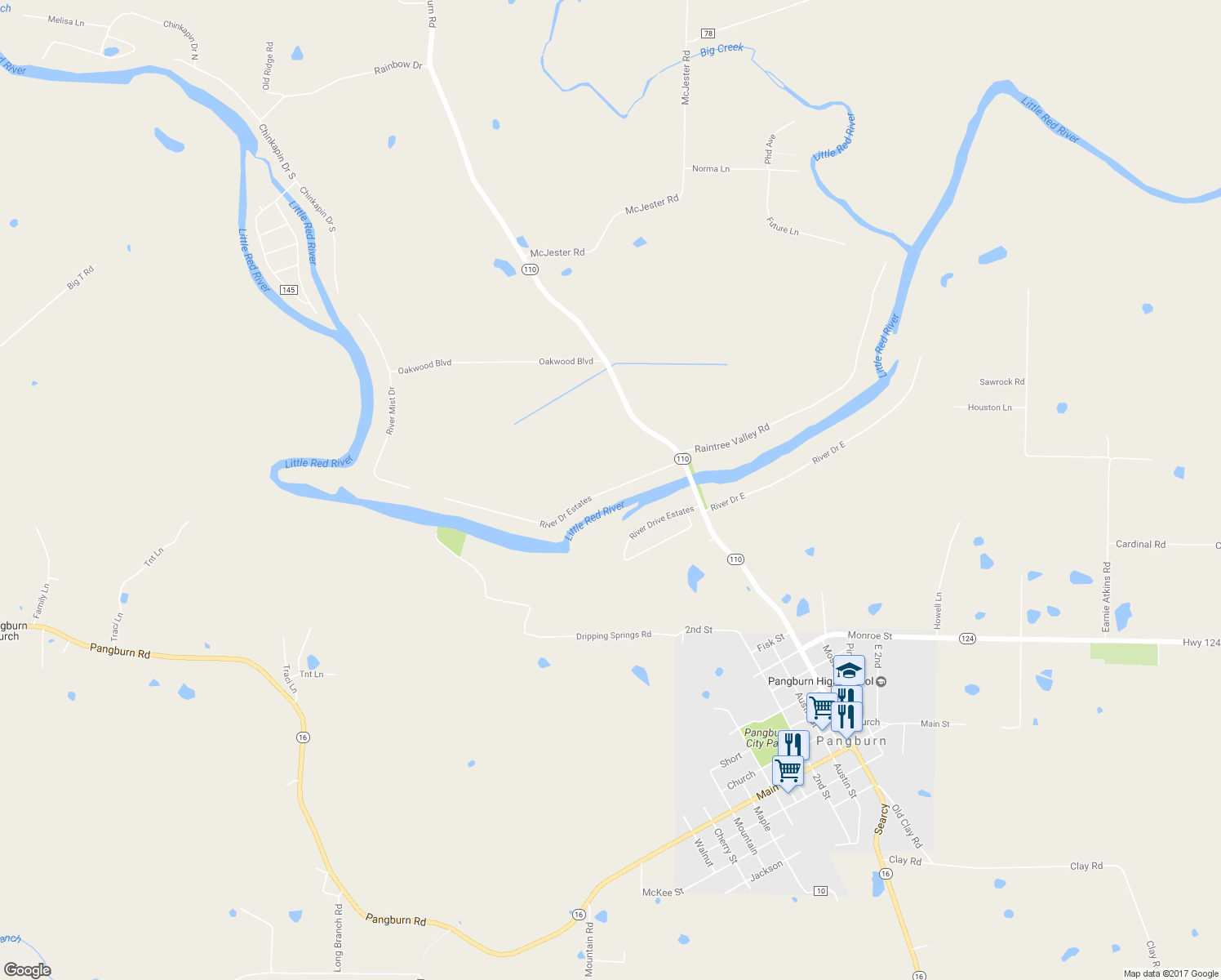 map of restaurants, bars, coffee shops, grocery stores, and more near 309 River Drive Estates in Pangburn