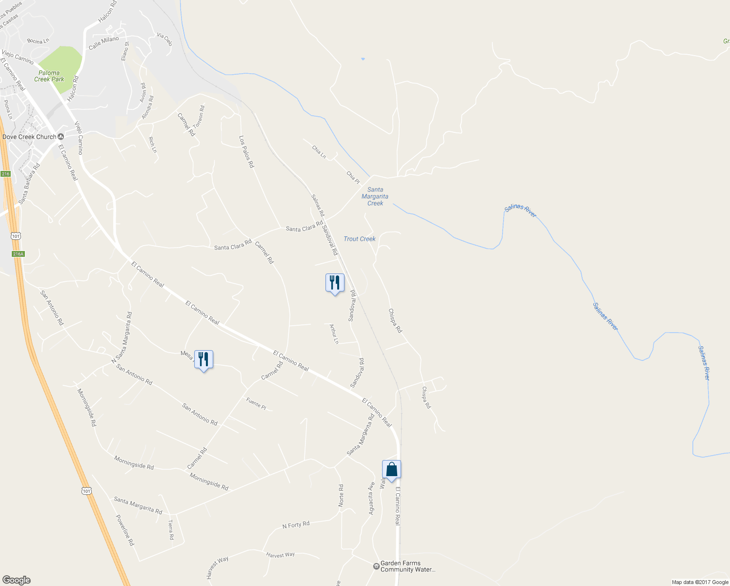 map of restaurants, bars, coffee shops, grocery stores, and more near 14325 Salinas Road in Atascadero