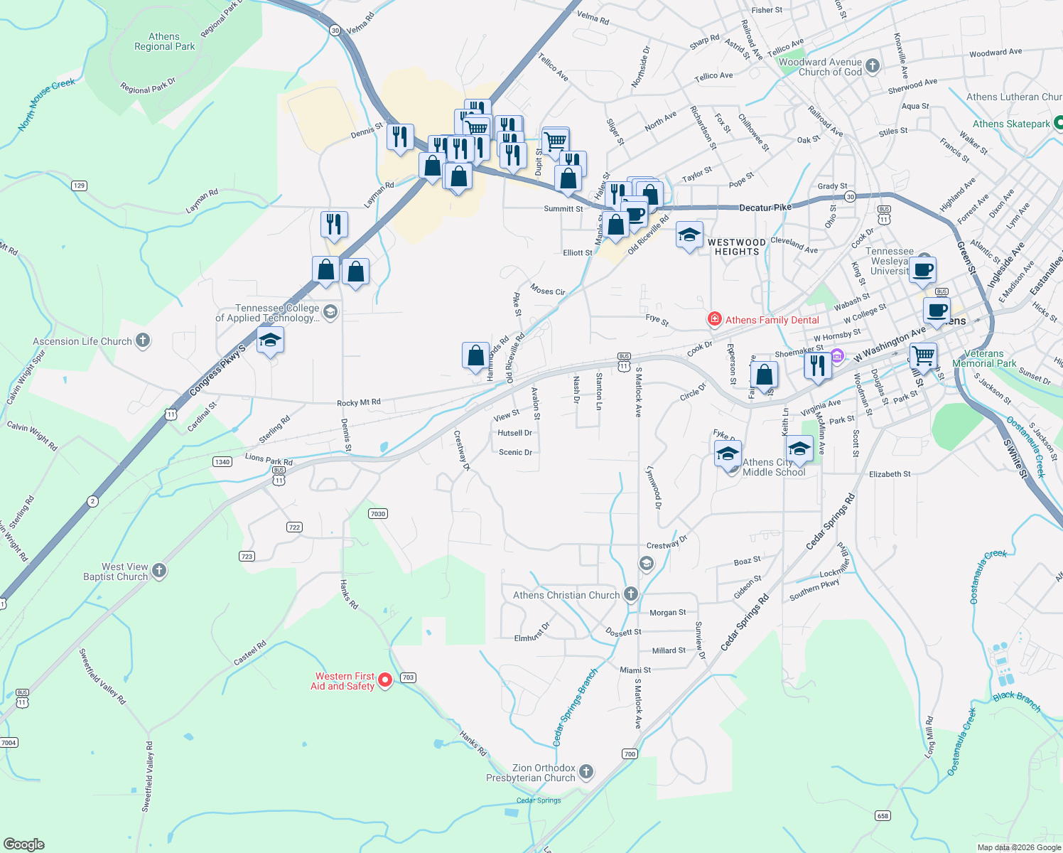 map of restaurants, bars, coffee shops, grocery stores, and more near 1606 Hutsell Drive in Athens