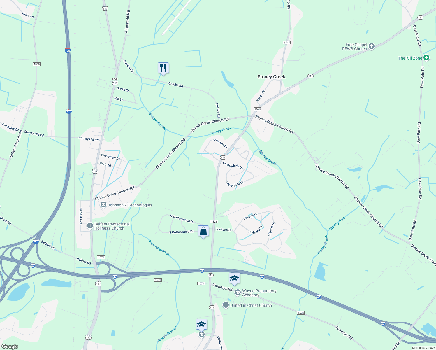 map of restaurants, bars, coffee shops, grocery stores, and more near 1806 North Carolina 111 in Goldsboro