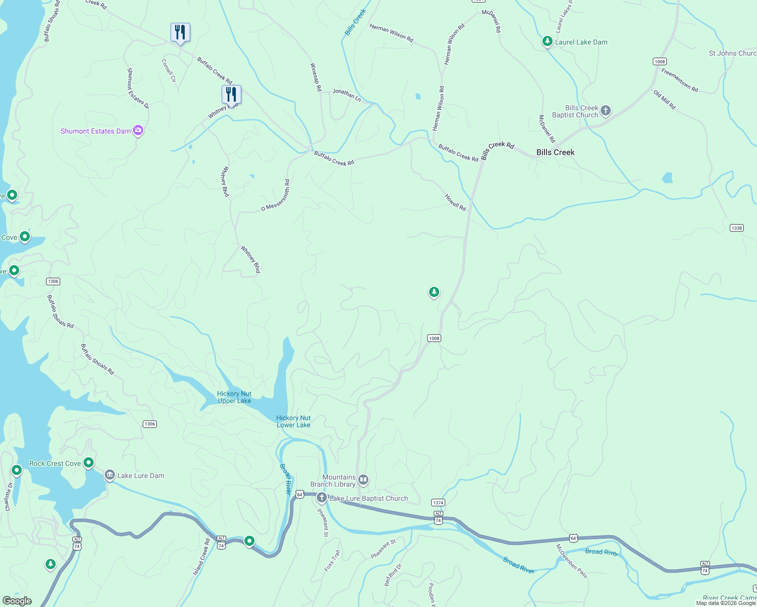 map of restaurants, bars, coffee shops, grocery stores, and more near 130 Starling Boulevard in Lake Lure