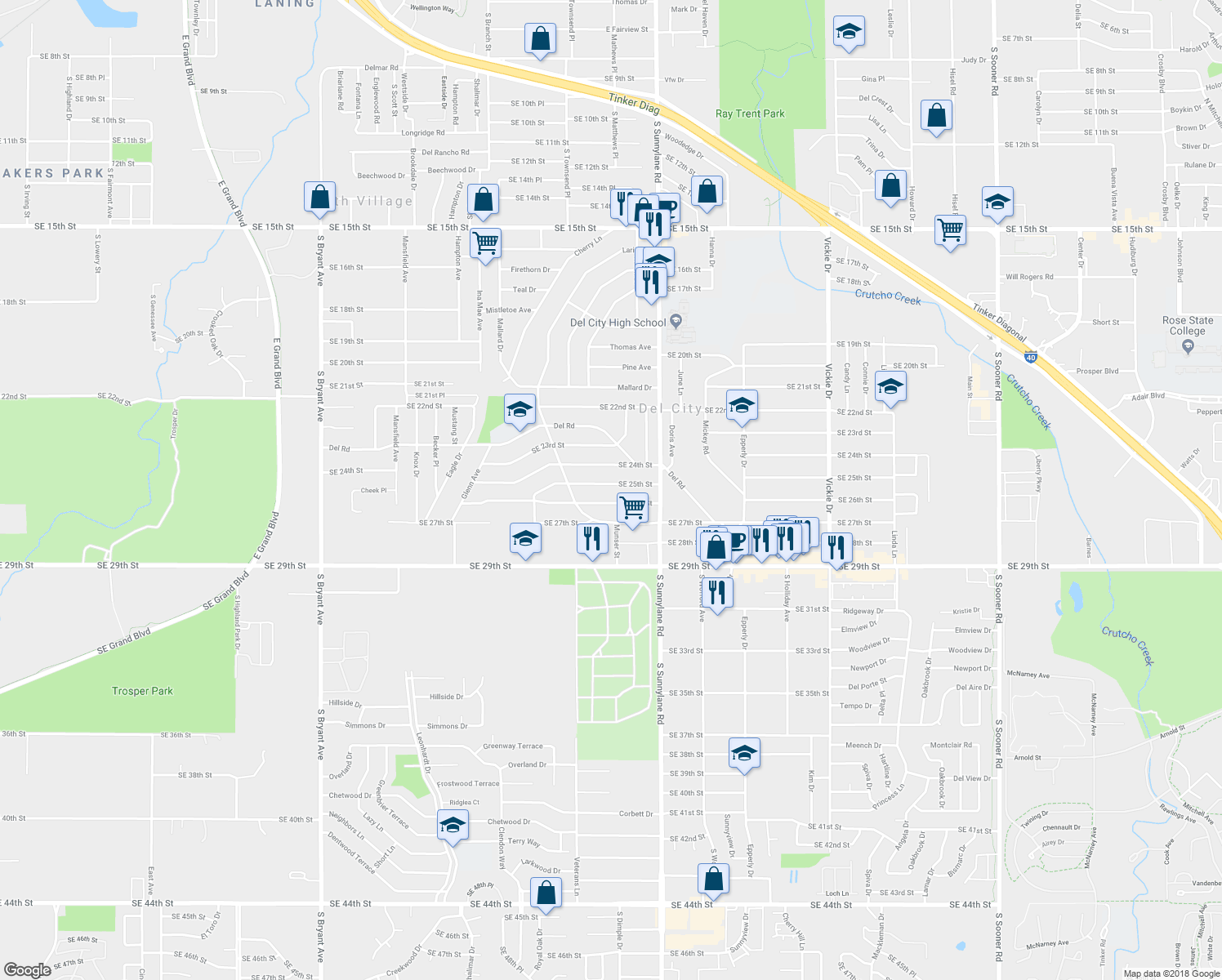 map of restaurants, bars, coffee shops, grocery stores, and more near 4108 Southeast 25th Street in Del City