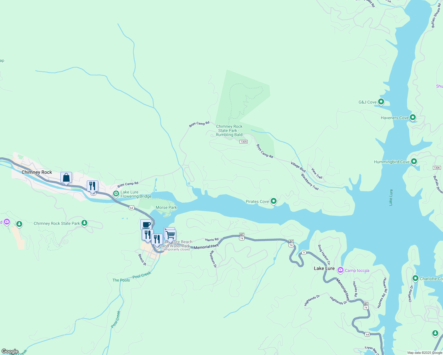 map of restaurants, bars, coffee shops, grocery stores, and more near 165 Lurewoods Manor Drive in Lake Lure
