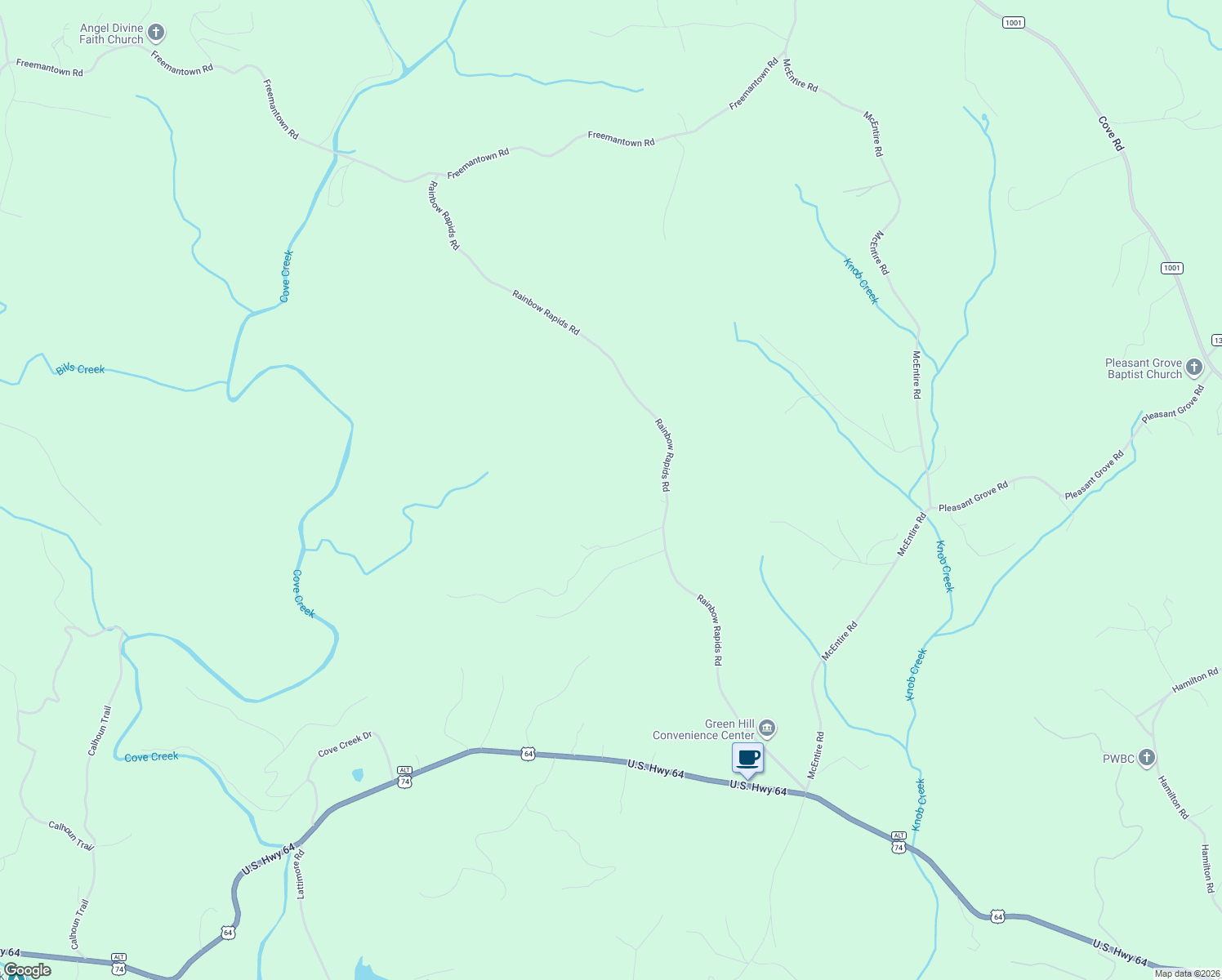 map of restaurants, bars, coffee shops, grocery stores, and more near 711 Rainbow Rapids Road in Rutherfordton