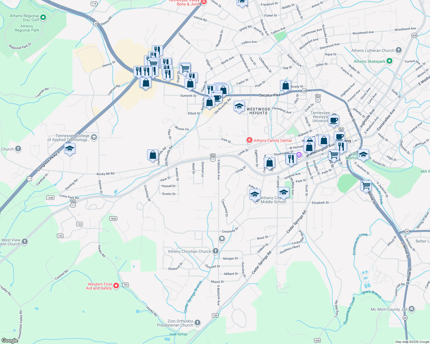 map of restaurants, bars, coffee shops, grocery stores, and more near 110 S Matlock Ave in Athens