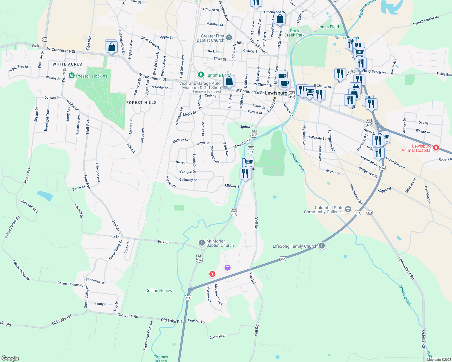 map of restaurants, bars, coffee shops, grocery stores, and more near 721 Hillslope Road in Lewisburg