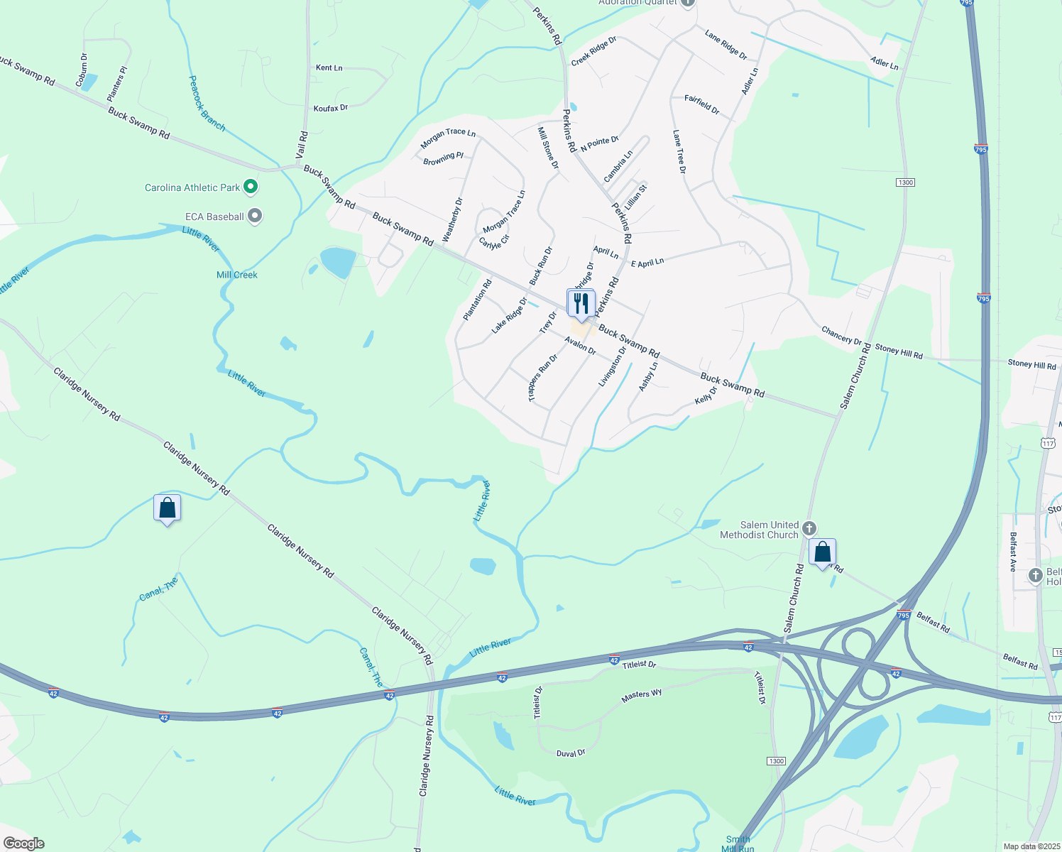 map of restaurants, bars, coffee shops, grocery stores, and more near 203 Plantation Rd in Goldsboro