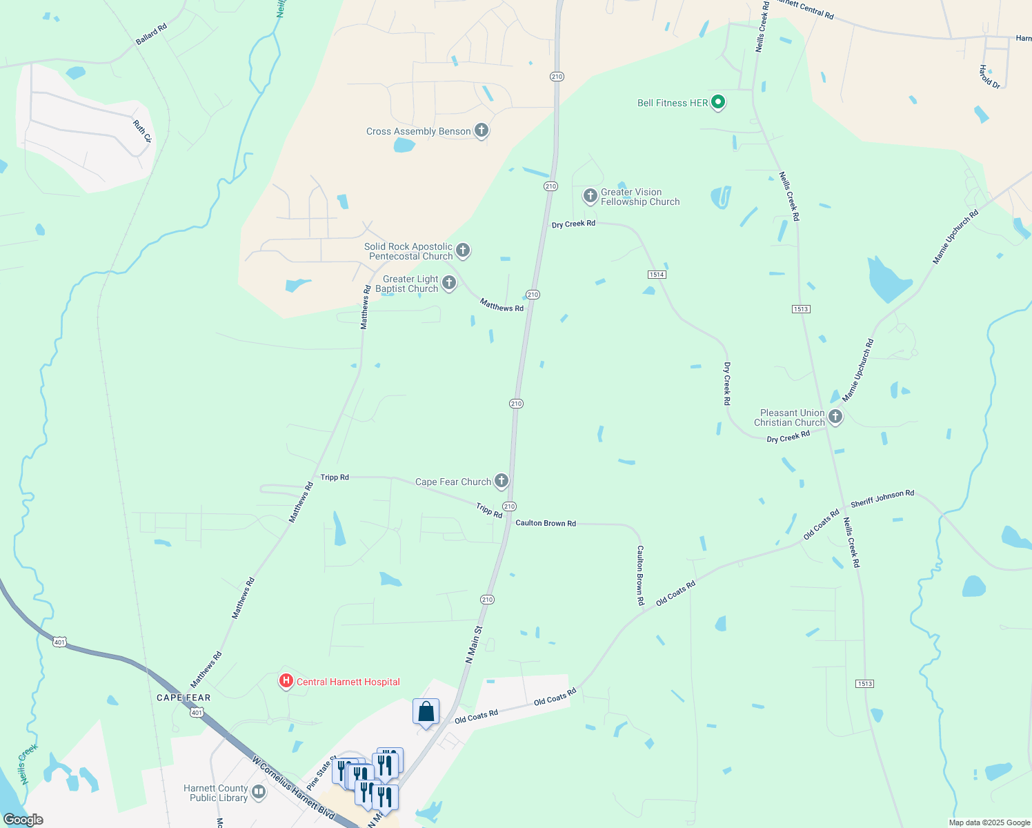 map of restaurants, bars, coffee shops, grocery stores, and more near 3109 Highway 210 in Lillington