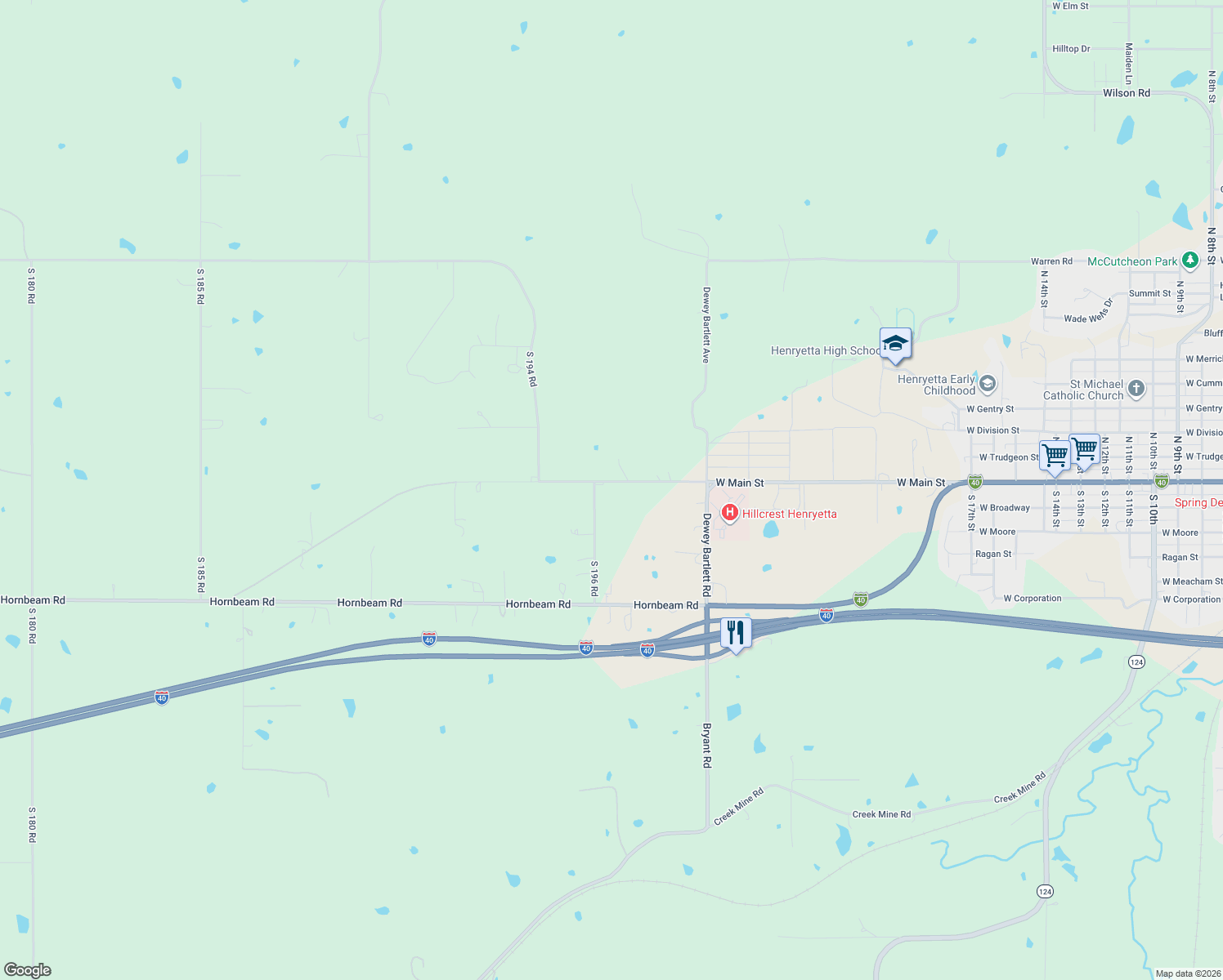 map of restaurants, bars, coffee shops, grocery stores, and more near 28720 Highland Heights Road in Henryetta