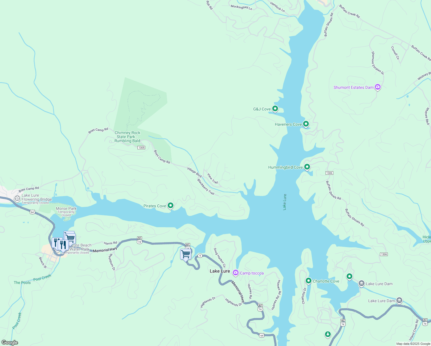 map of restaurants, bars, coffee shops, grocery stores, and more near 140 West Wilderness Road in Lake Lure
