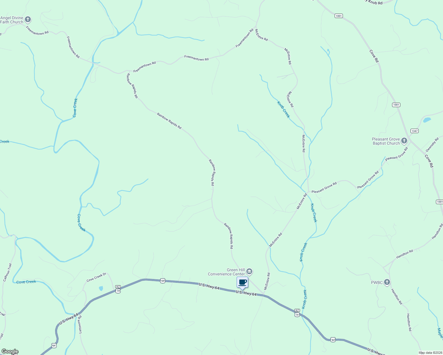 map of restaurants, bars, coffee shops, grocery stores, and more near 778 Rainbow Rapids Road in Rutherfordton