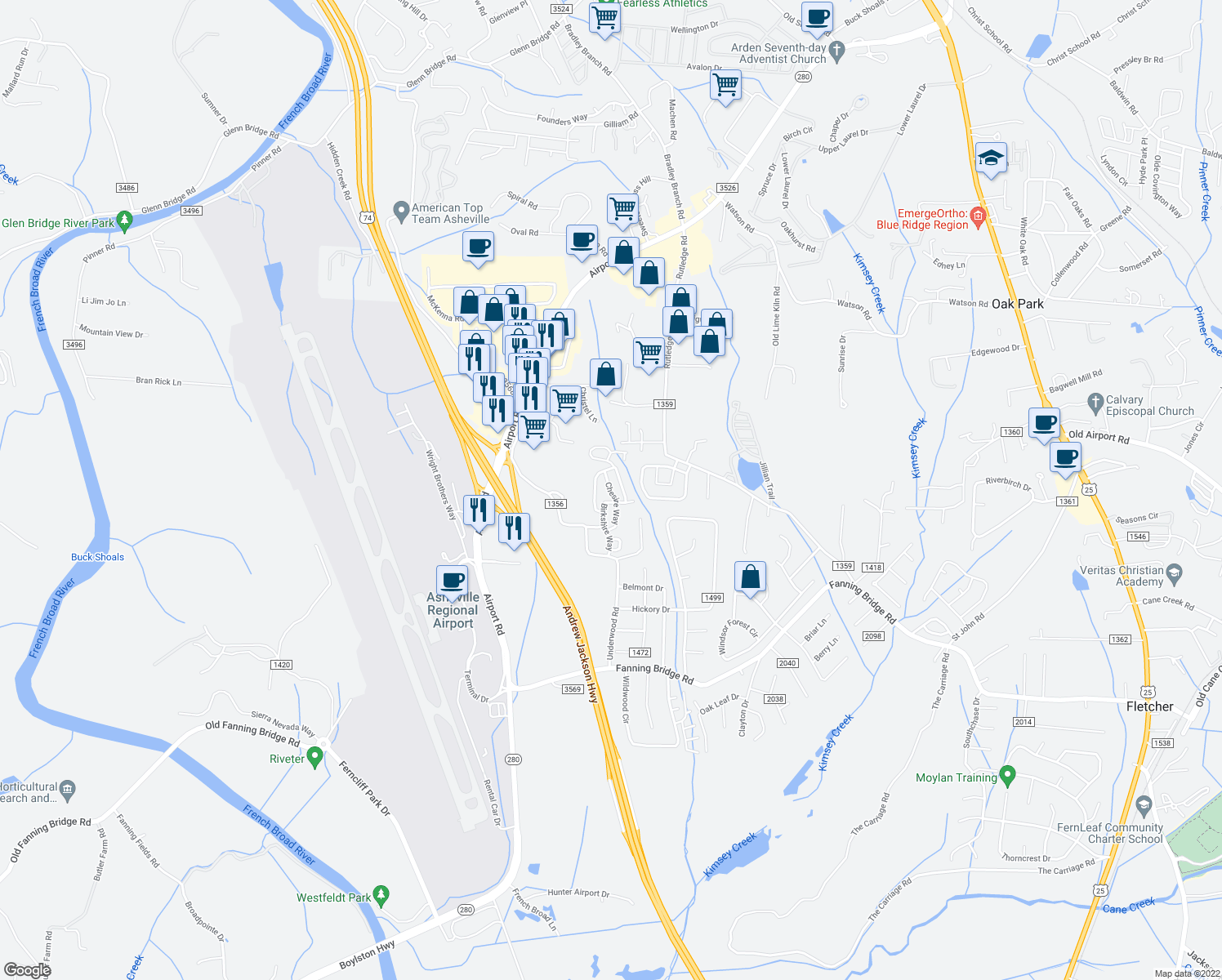 map of restaurants, bars, coffee shops, grocery stores, and more near 64 Lanceford Circle in Fletcher