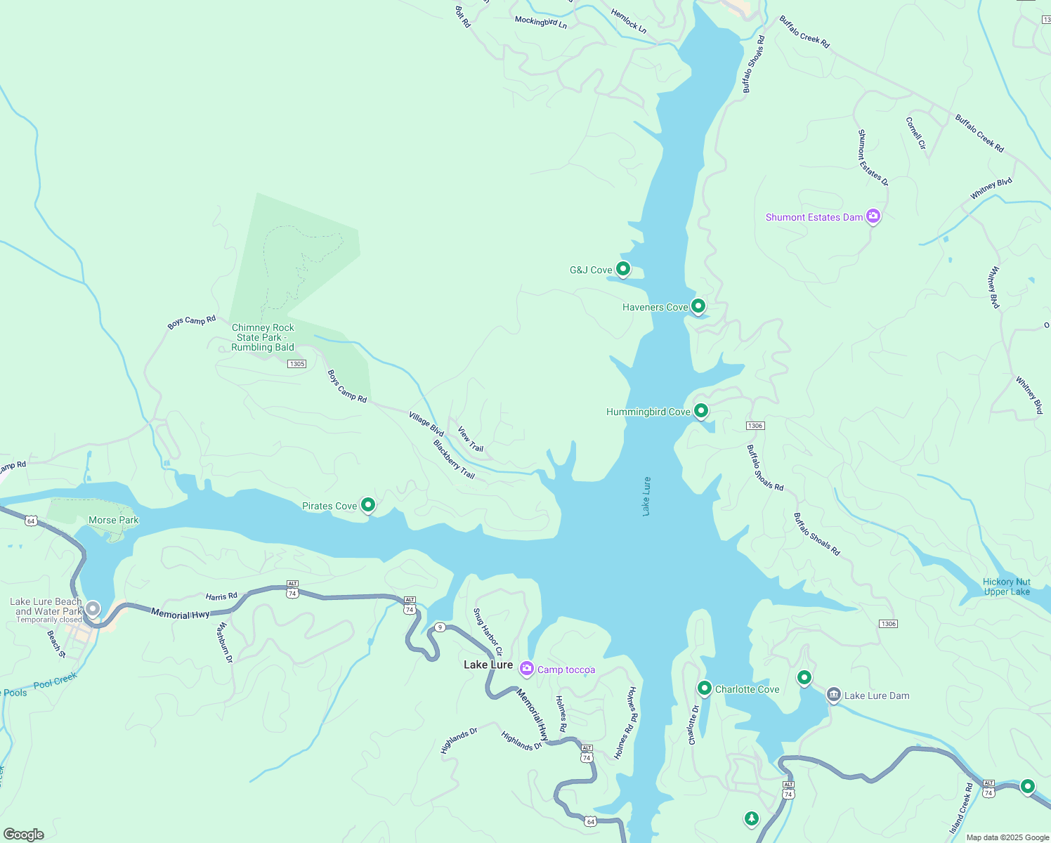 map of restaurants, bars, coffee shops, grocery stores, and more near 190 Hilltop Ct in Lake Lure
