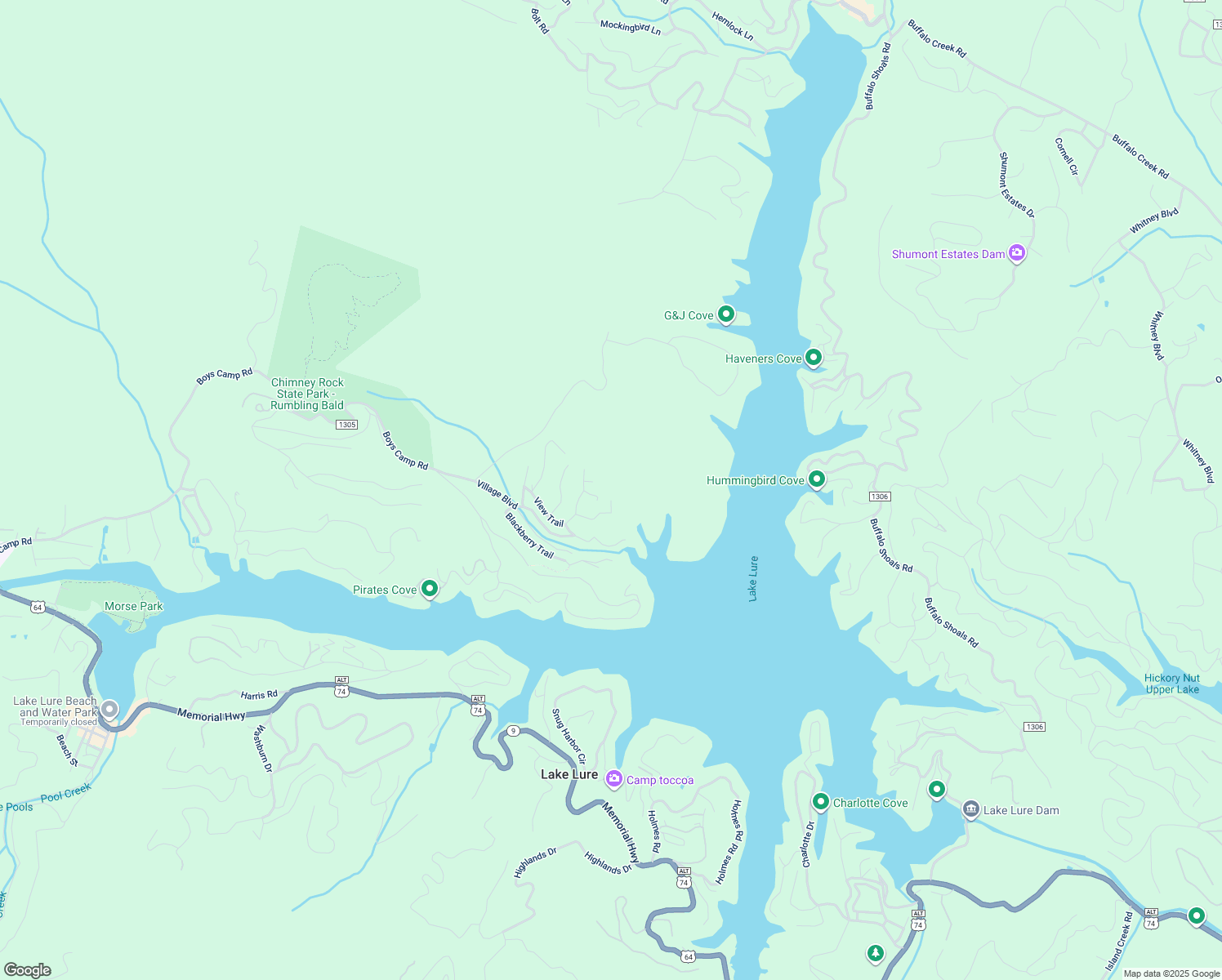 map of restaurants, bars, coffee shops, grocery stores, and more near 190 Hilltop Ct in Lake Lure