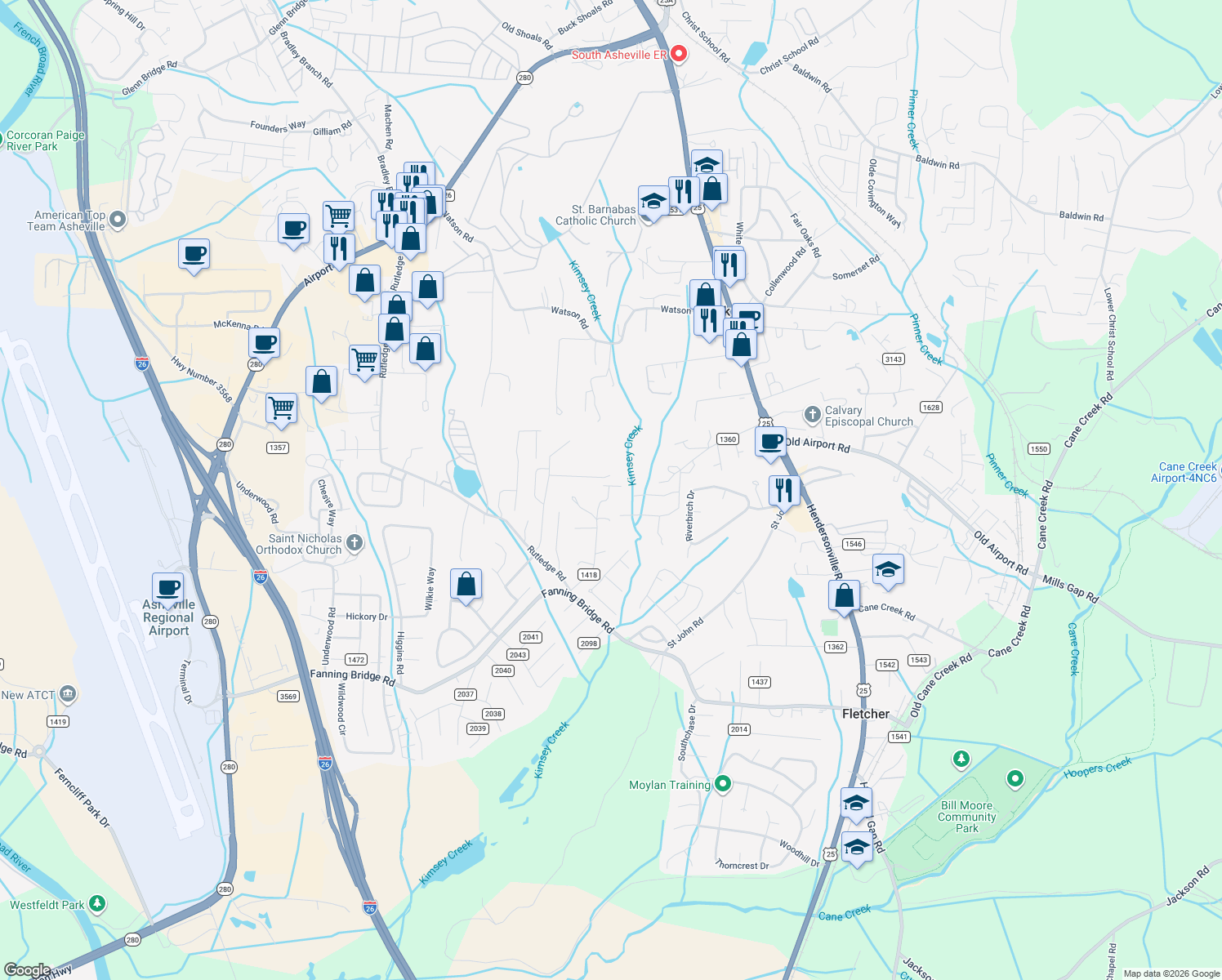 map of restaurants, bars, coffee shops, grocery stores, and more near 104 Allard Lyda Way in Fletcher