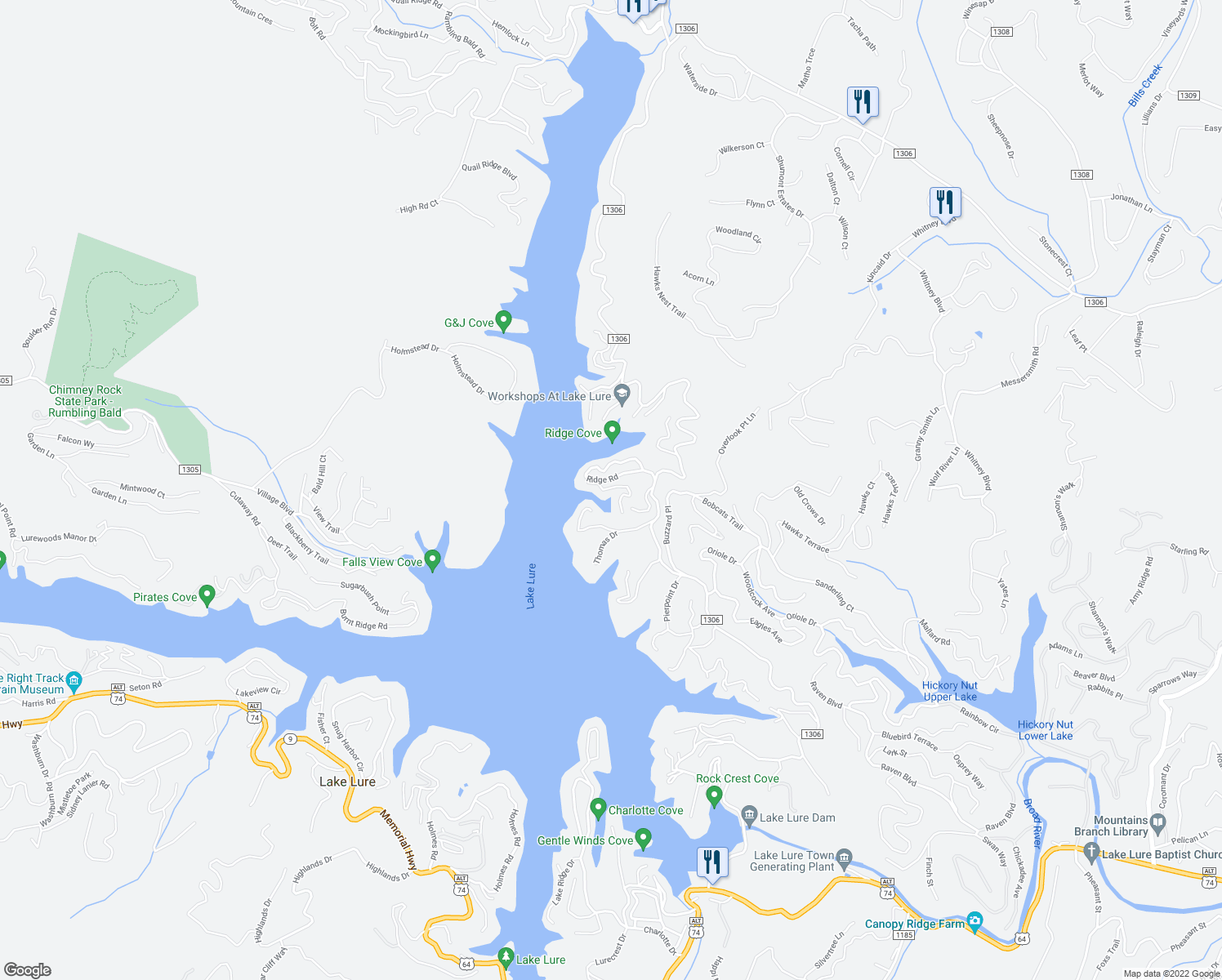 map of restaurants, bars, coffee shops, grocery stores, and more near 156 Hummingbird Cove in Lake Lure
