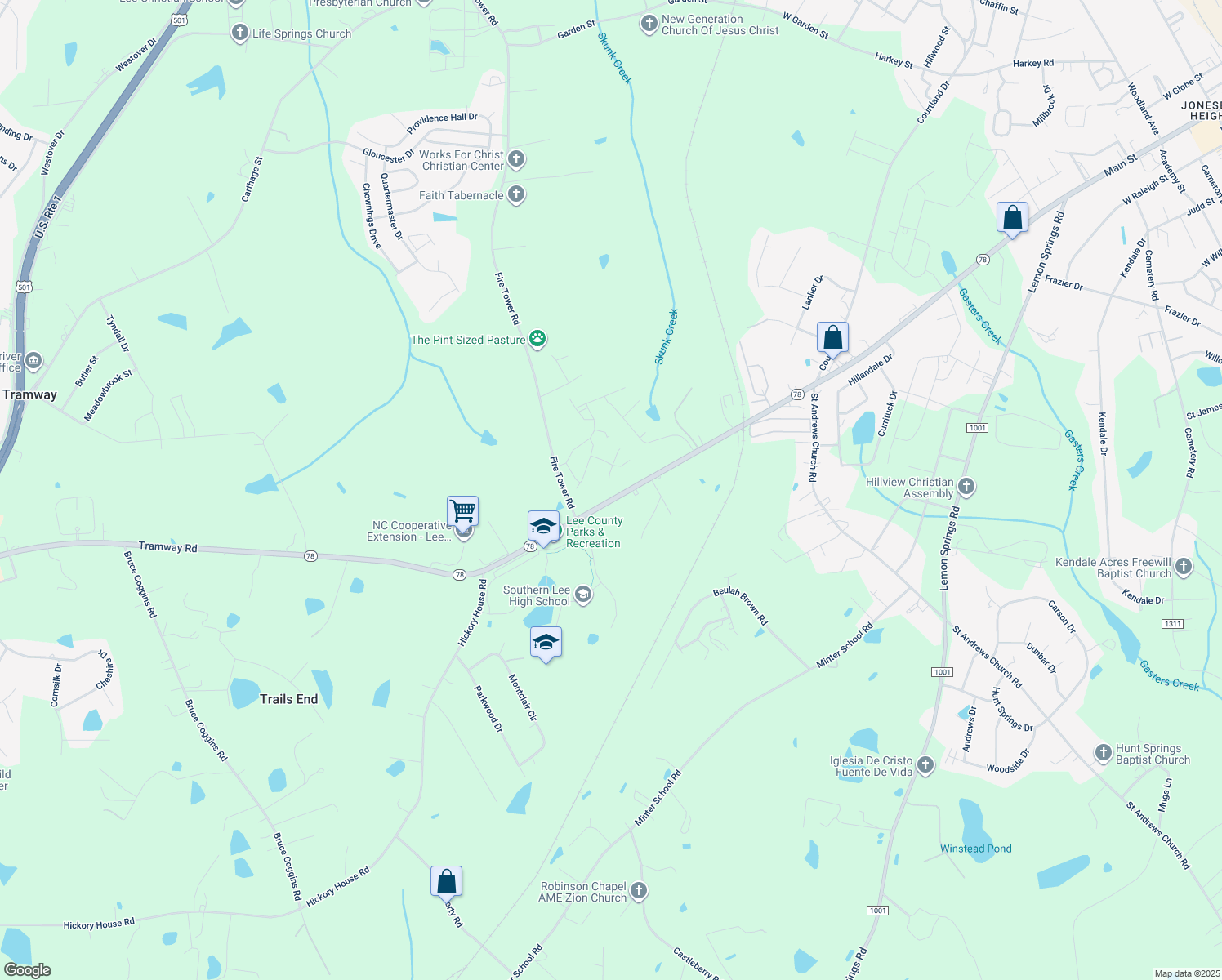 map of restaurants, bars, coffee shops, grocery stores, and more near 2116 Tramway Road in Sanford