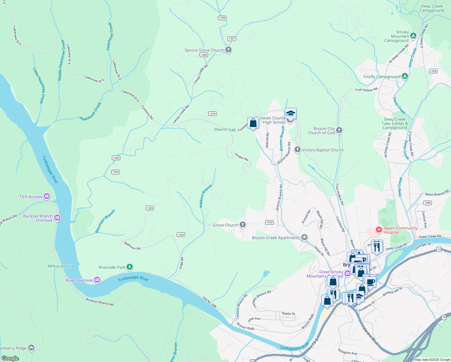 map of restaurants, bars, coffee shops, grocery stores, and more near 151 Dogwood Hollow in Bryson City