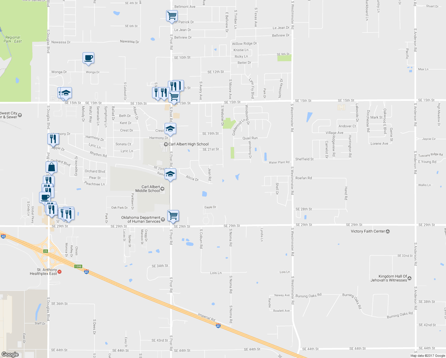 map of restaurants, bars, coffee shops, grocery stores, and more near 2305 South Webster Drive in Midwest City