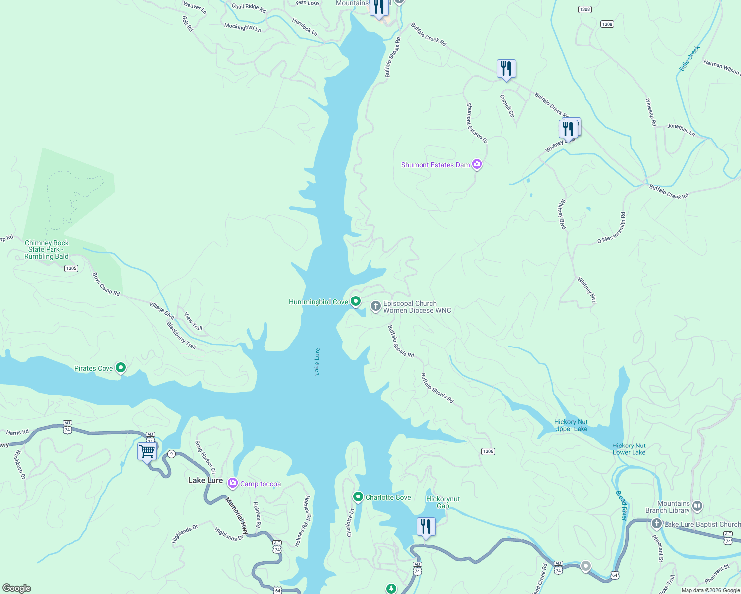 map of restaurants, bars, coffee shops, grocery stores, and more near 156 Hummingbird Cove in Lake Lure