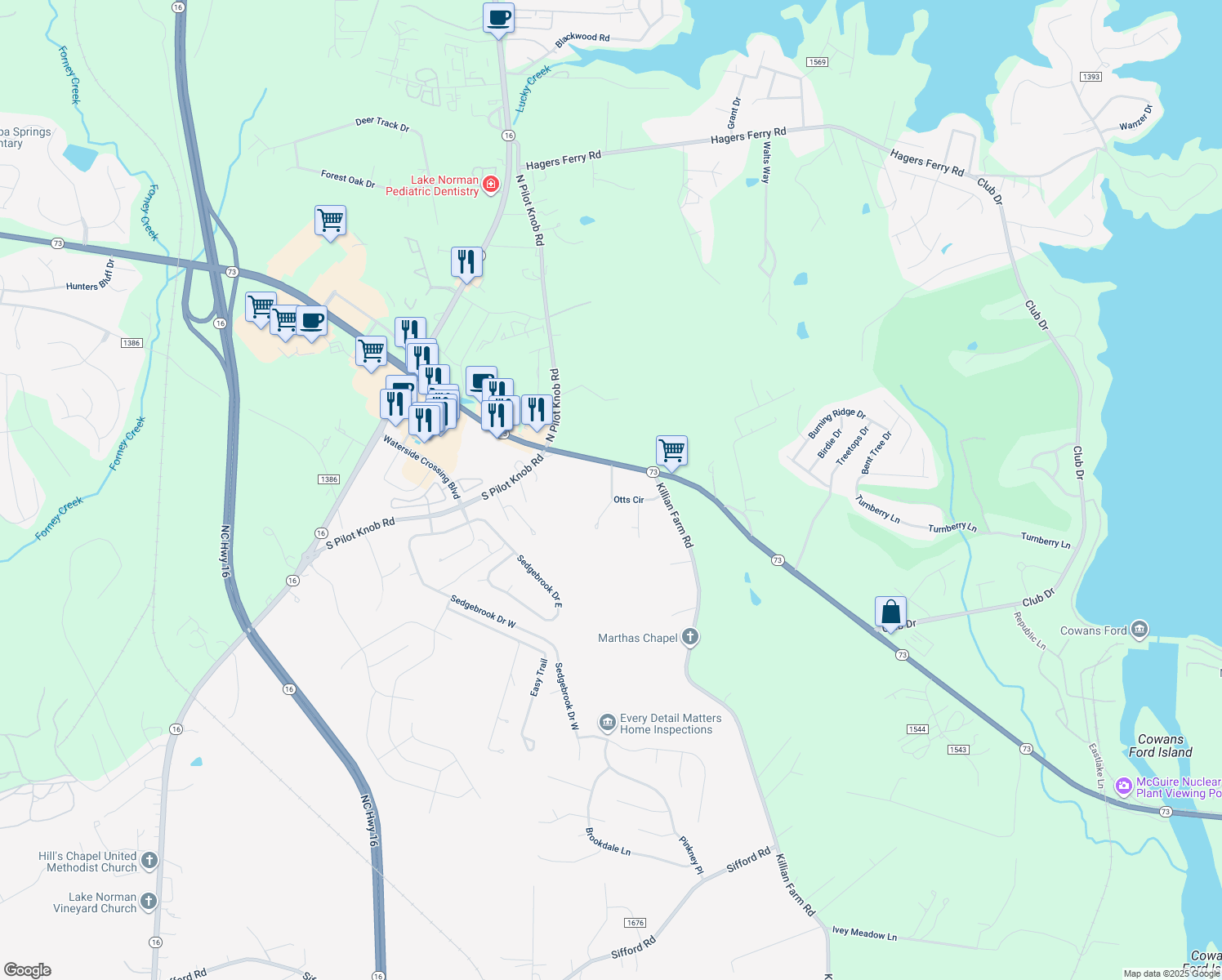 map of restaurants, bars, coffee shops, grocery stores, and more near 7668 Otts Circle in Stanley
