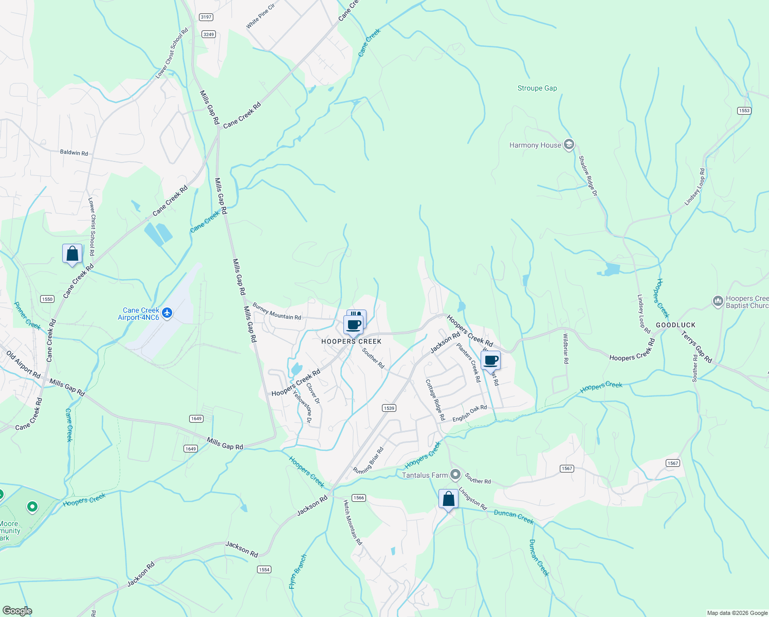 map of restaurants, bars, coffee shops, grocery stores, and more near 110 June Bug Lane in Fletcher