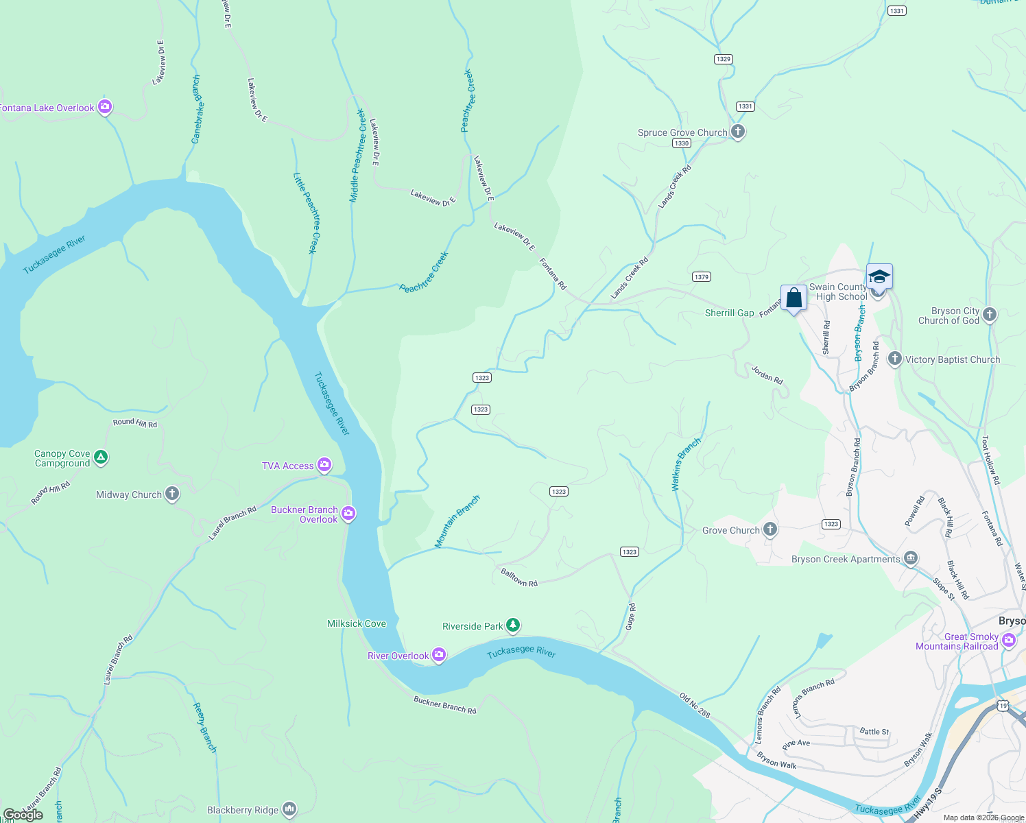 map of restaurants, bars, coffee shops, grocery stores, and more near 215 Soaring Eagle Rd. in Bryson City