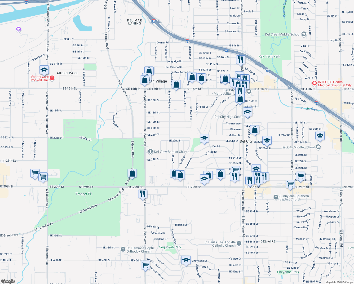 map of restaurants, bars, coffee shops, grocery stores, and more near 2301 Becker Pl in Del City