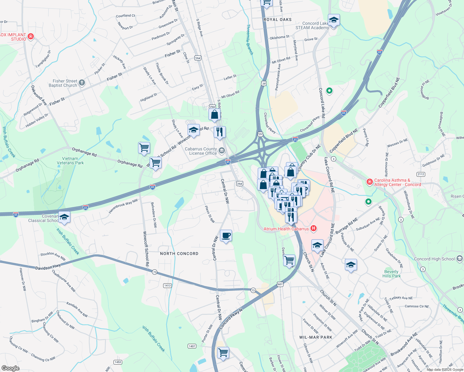 map of restaurants, bars, coffee shops, grocery stores, and more near 6 Willowbrook Dr NW in Concord