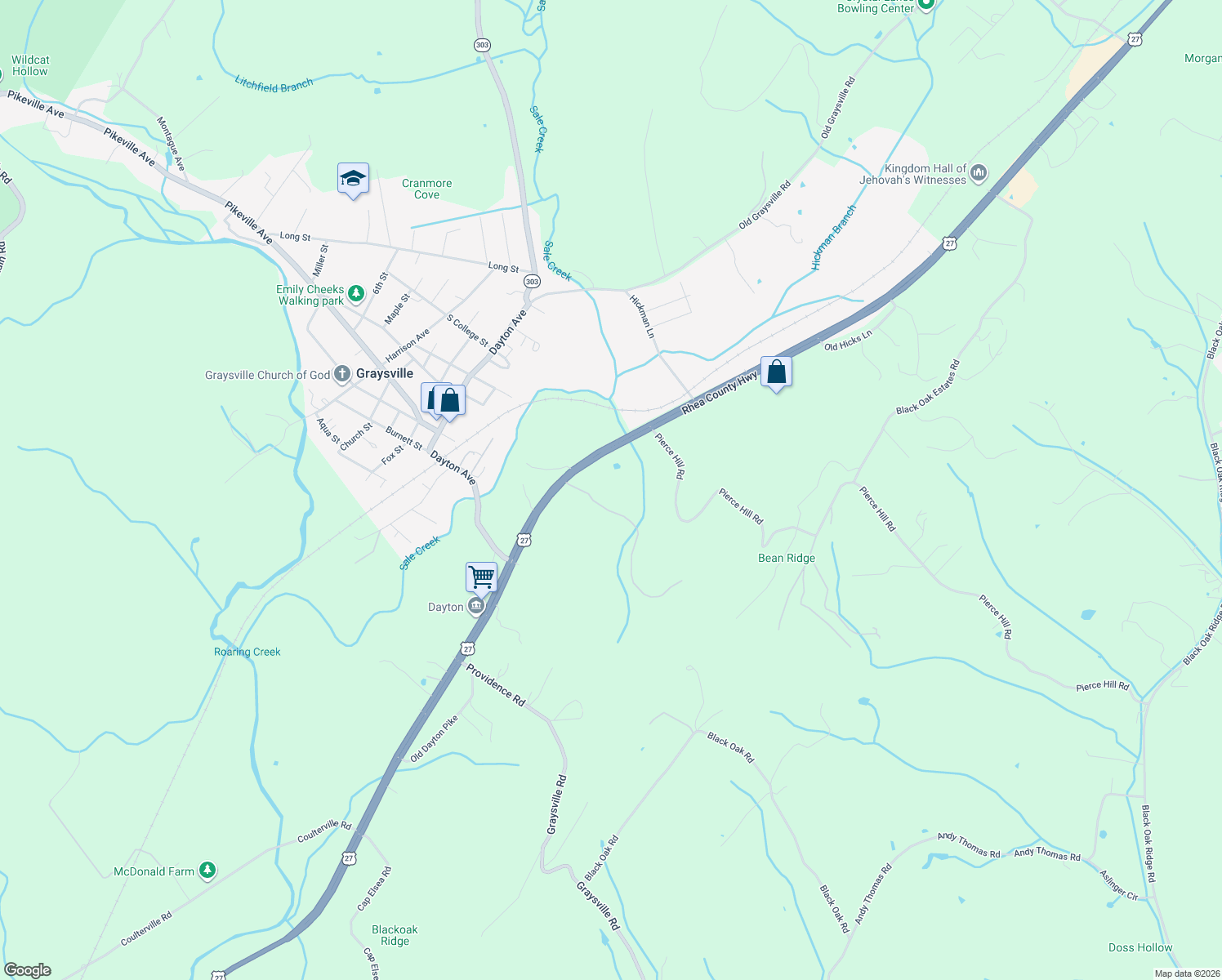 map of restaurants, bars, coffee shops, grocery stores, and more near 1100 Rhea County Highway in Dayton