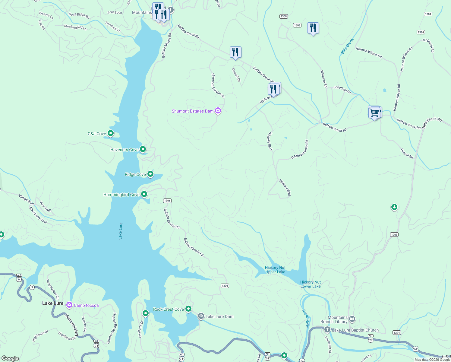 map of restaurants, bars, coffee shops, grocery stores, and more near Touch Me Not Trail in Lake Lure
